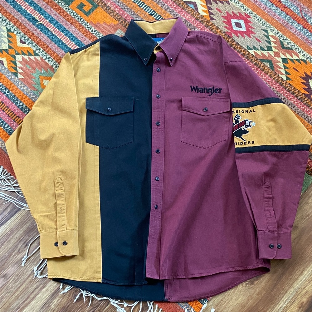 90s Wrangler Men's Colorblock Shirt - Black, Brown, and Burgundy